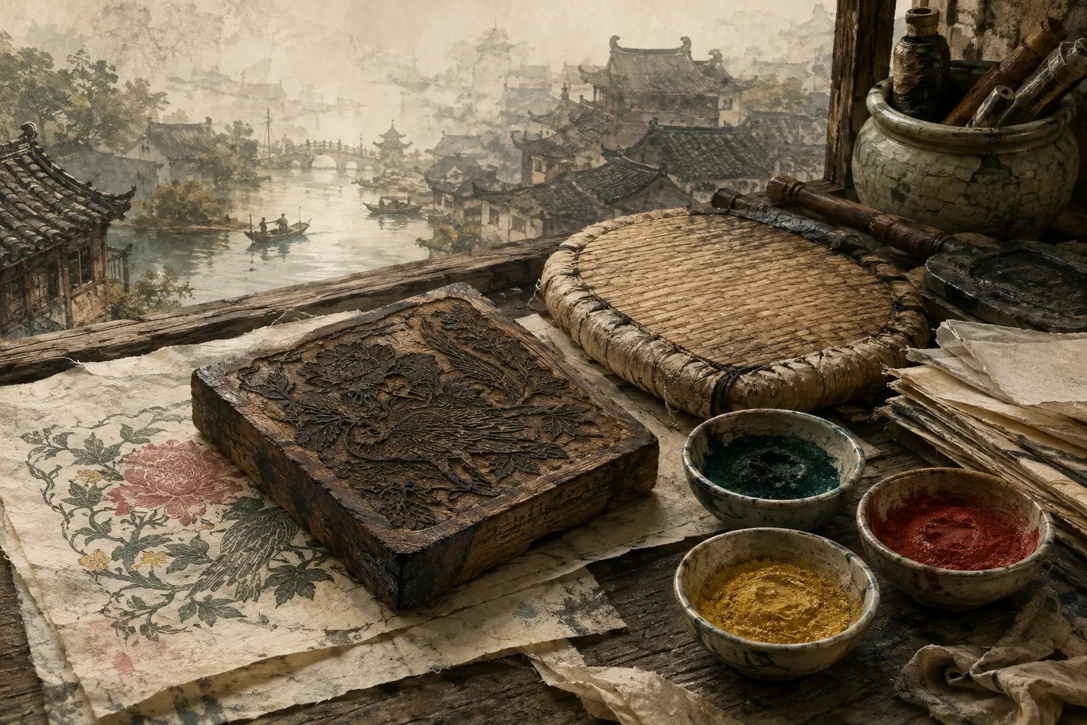 梨木雕版、宣纸、砑与矿物水色构成的庐州木版水印技法源流意象